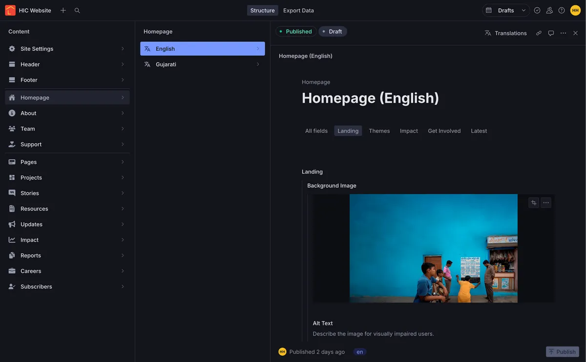 Sanity UI showing a language selector for the homepage